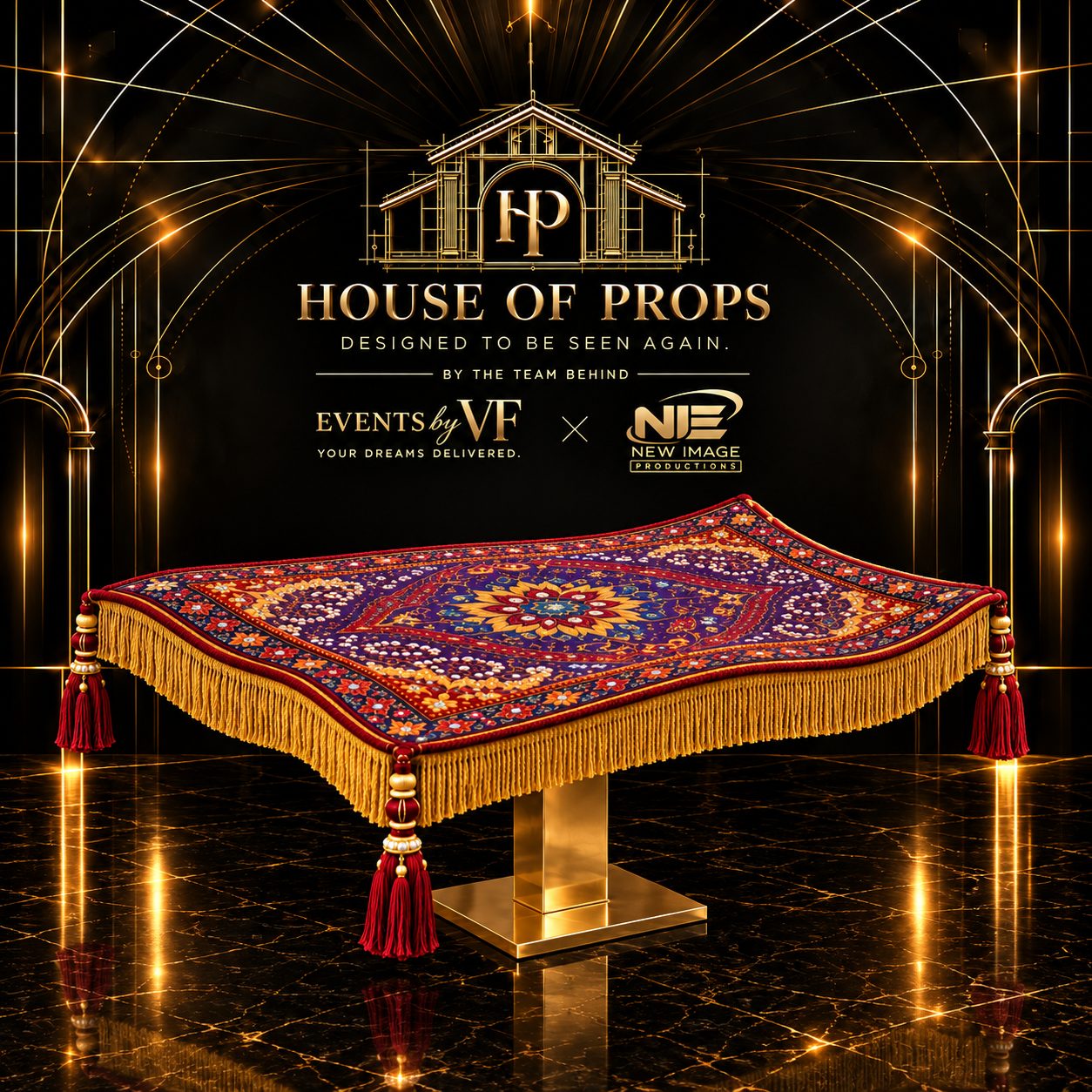 Aladdin Magic Carpet Display in red, purple, gold — Tables & Display available to rent from House of Props NY
