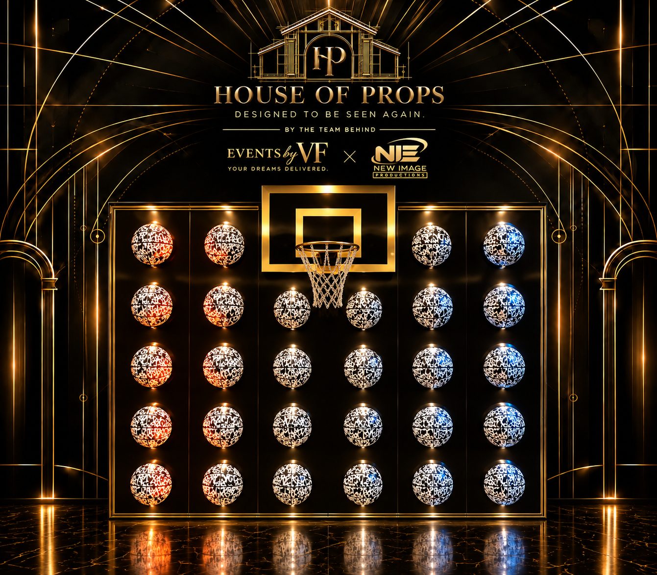 Basketball Display Wall in black, gold — Backdrops & Arches available to rent from House of Props NY