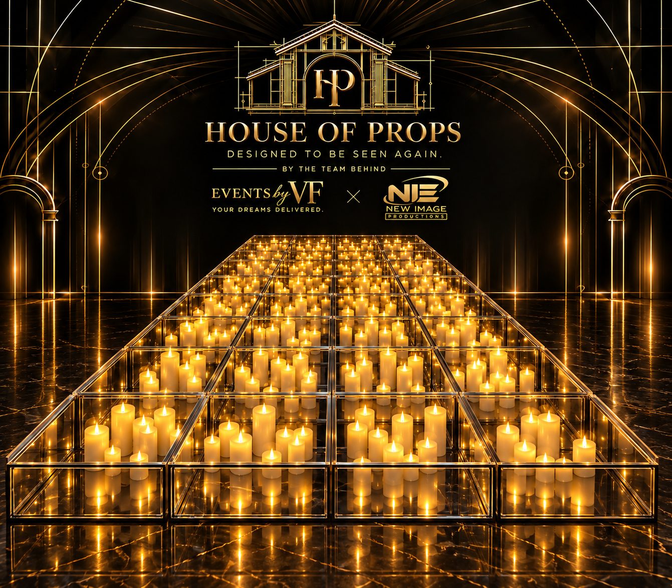 Candle Walkway Installation in gold, clear — Large Installations available to rent from House of Props NY
