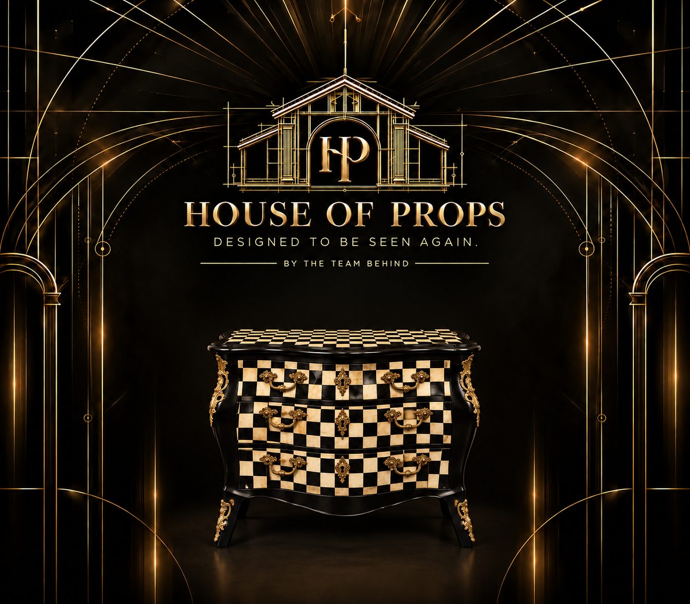 Checkerboard Ornate Dresser in black, ivory — Tables & Display available to rent from House of Props NY