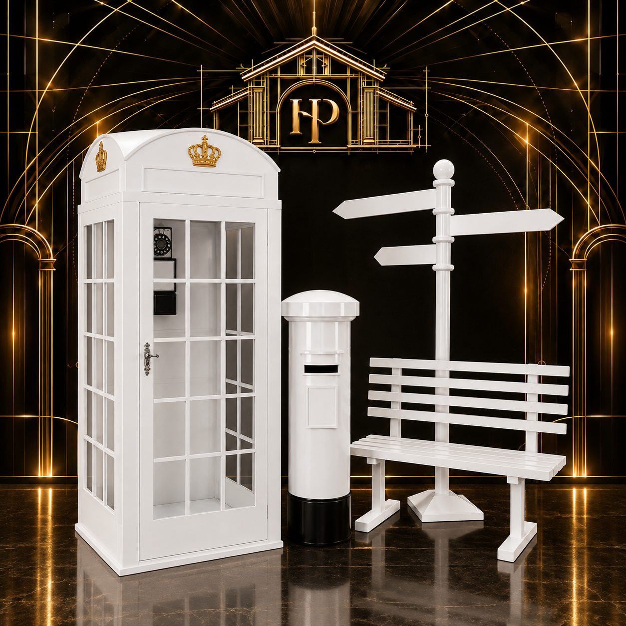 Classic Phone Booth Prop Set in white, gold accent — Photo Props available to rent from House of Props NY