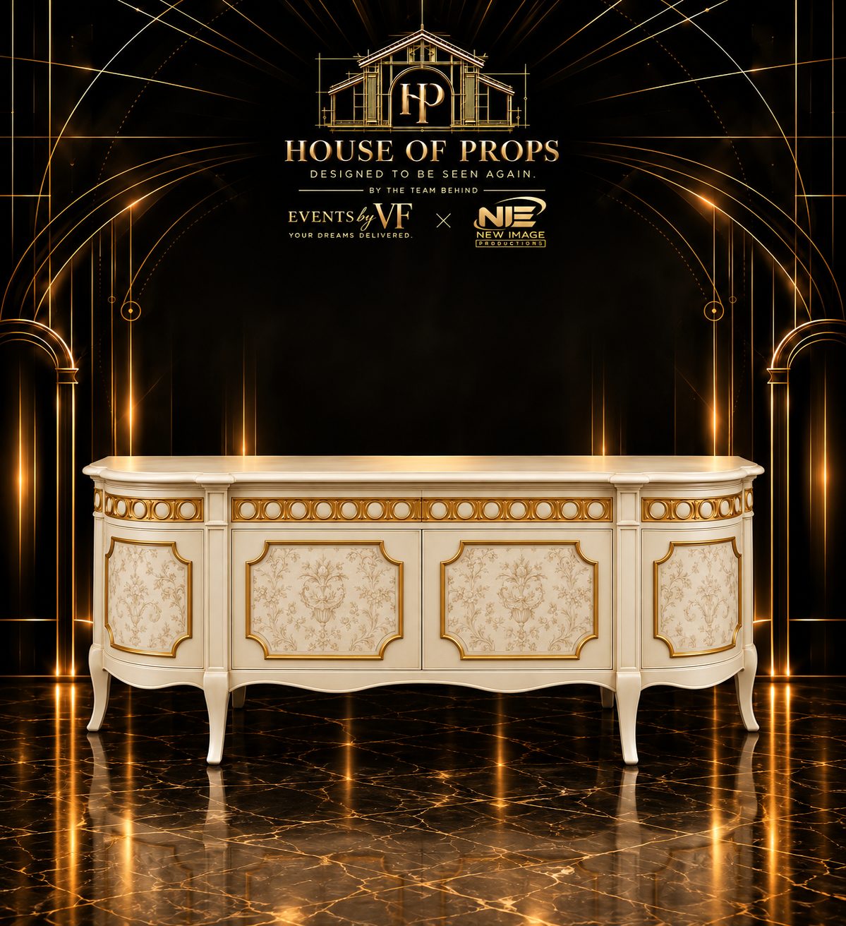 French-Style Display Console in cream, gold — Tables & Display available to rent from House of Props NY