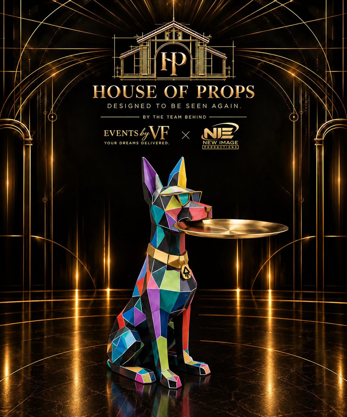 Geometric Dog Serving Tray in multicolor — Tables & Display available to rent from House of Props NY