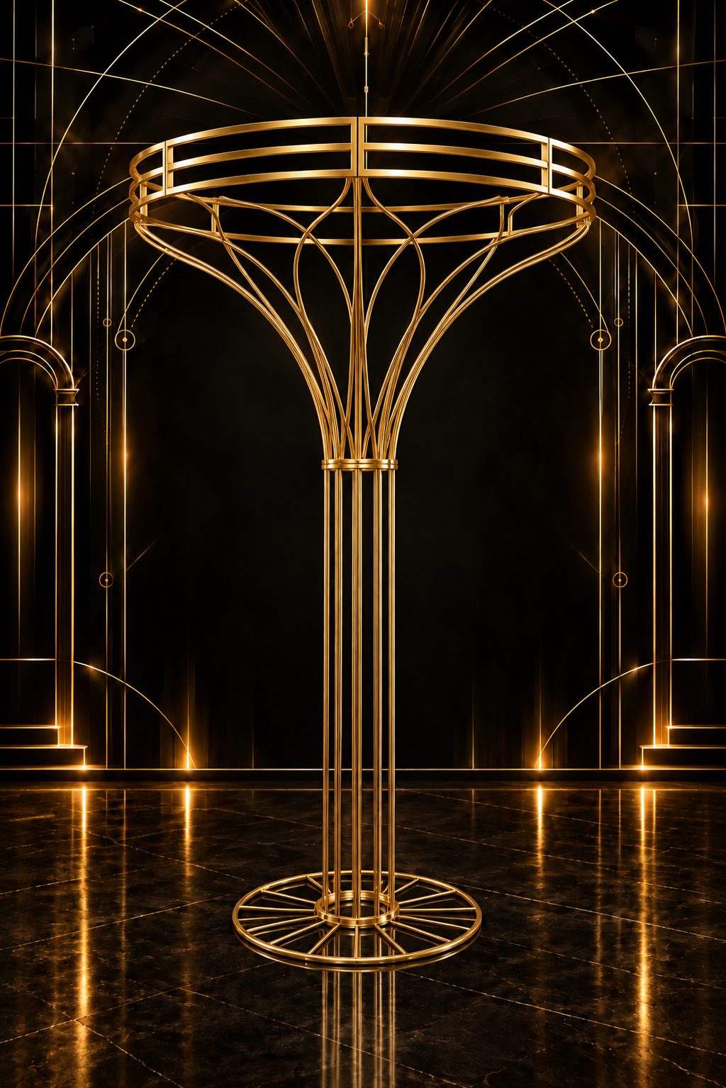 Gold Metal Circle Top Pillar Stand in gold — Backdrops & Arches available to rent from House of Props NY
