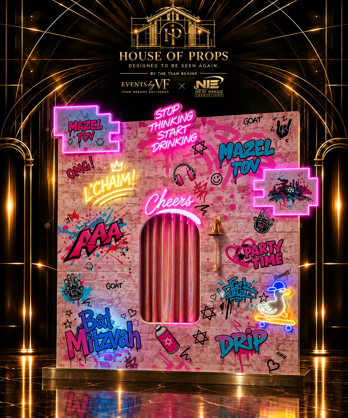 Graffiti Neon Feature Wall in pink, multicolor — Backdrops & Arches available to rent from House of Props NY