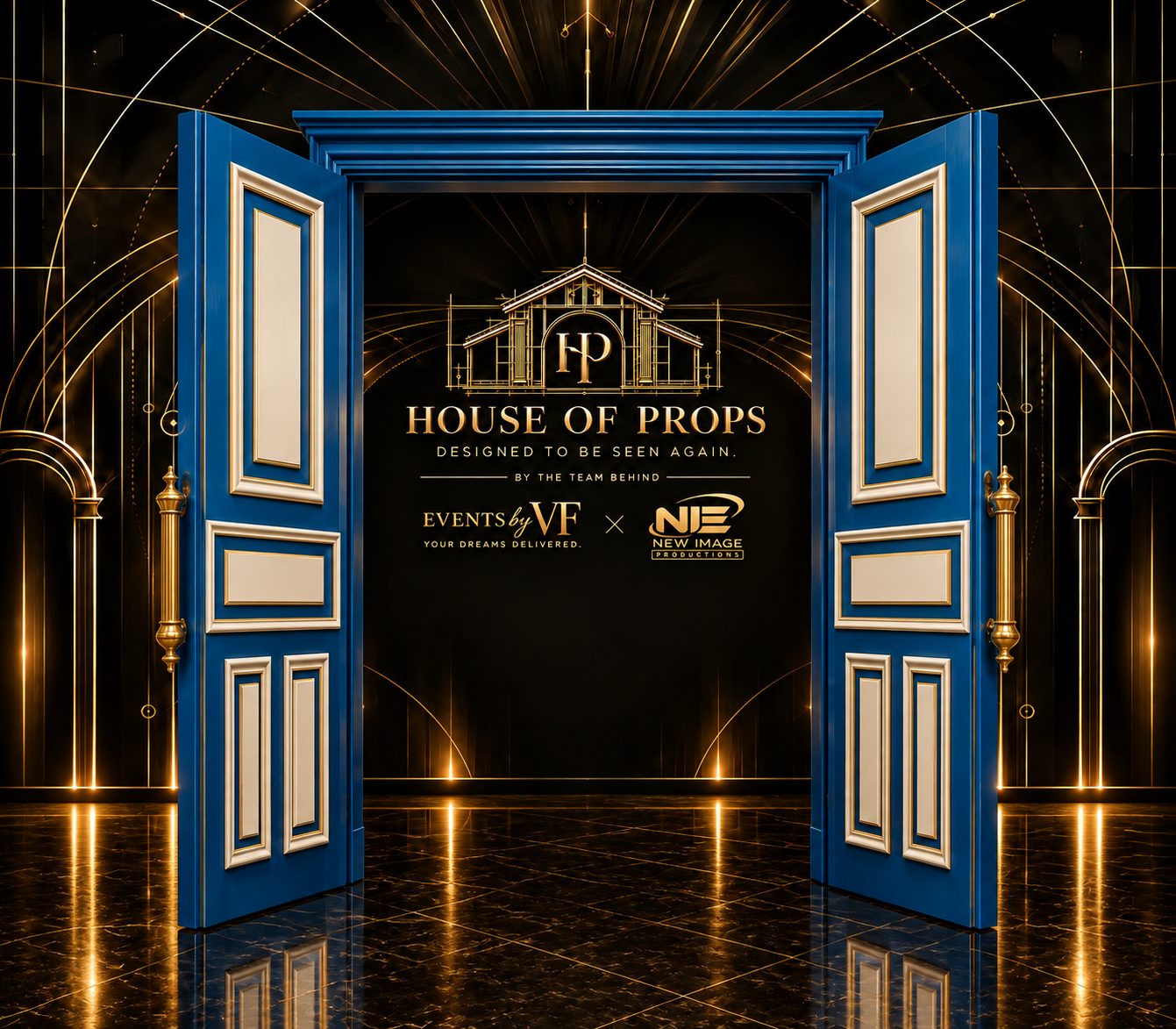Grand Double Door Entrance in blue, ivory, gold — Backdrops & Arches available to rent from House of Props NY