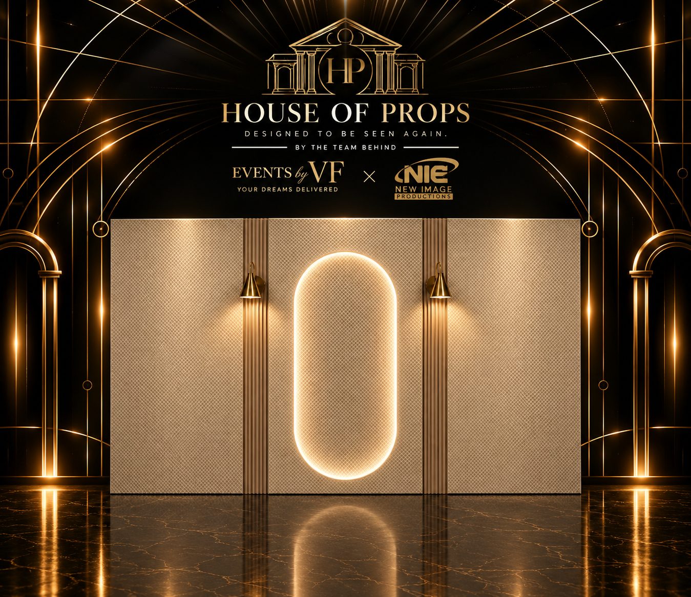 Illuminated Arch Feature Wall in beige, gold — Backdrops & Arches available to rent from House of Props NY