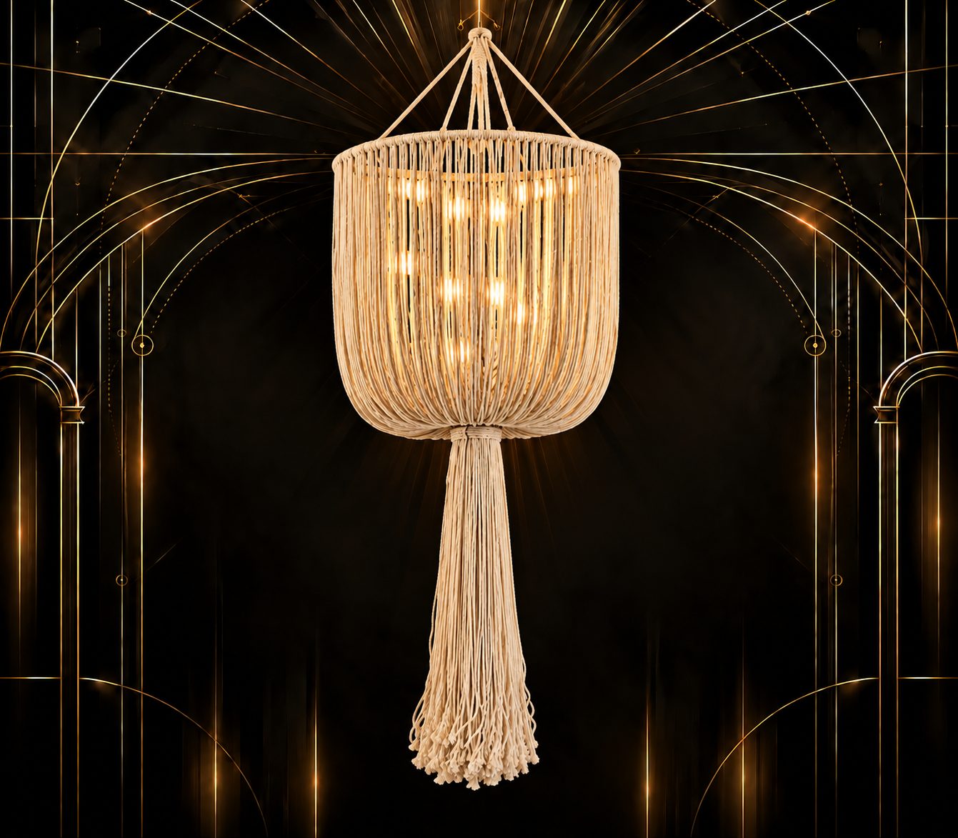 Macramé Tassel Chandelier — Lighting & Effects available to rent from House of Props NY