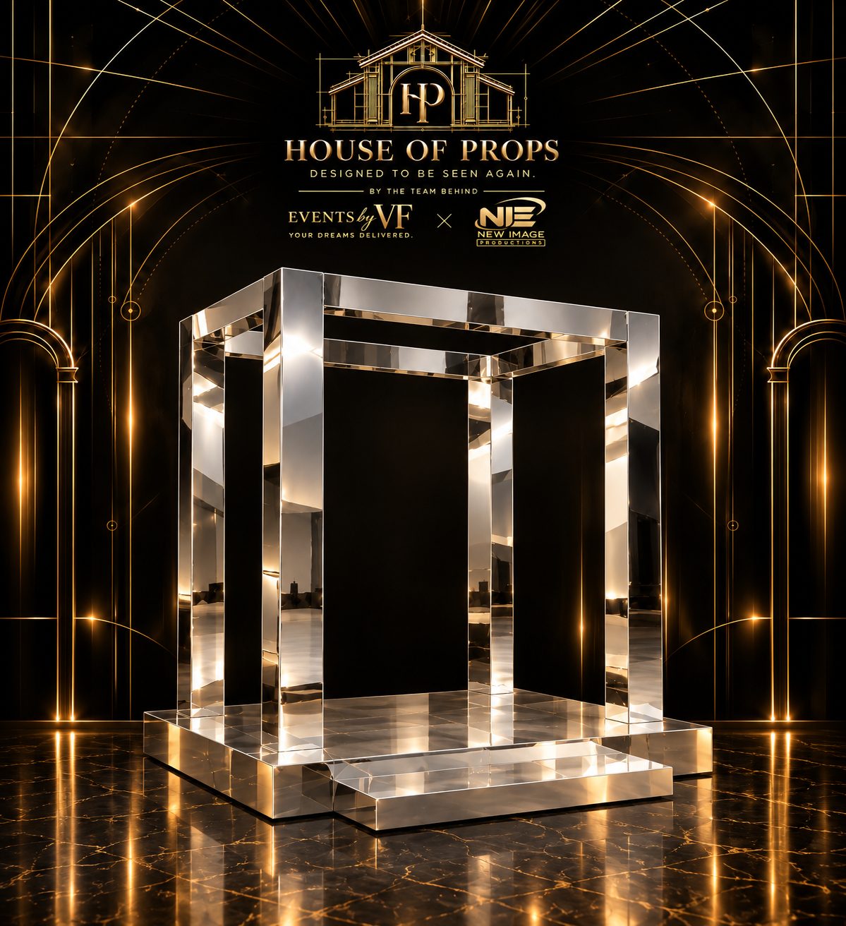 Modern Mirrored Chuppah in silver — Backdrops & Arches available to rent from House of Props NY