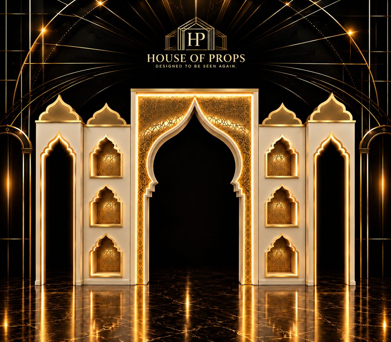 Moroccan Arch in white, gold — Backdrops & Arches available to rent from House of Props NY
