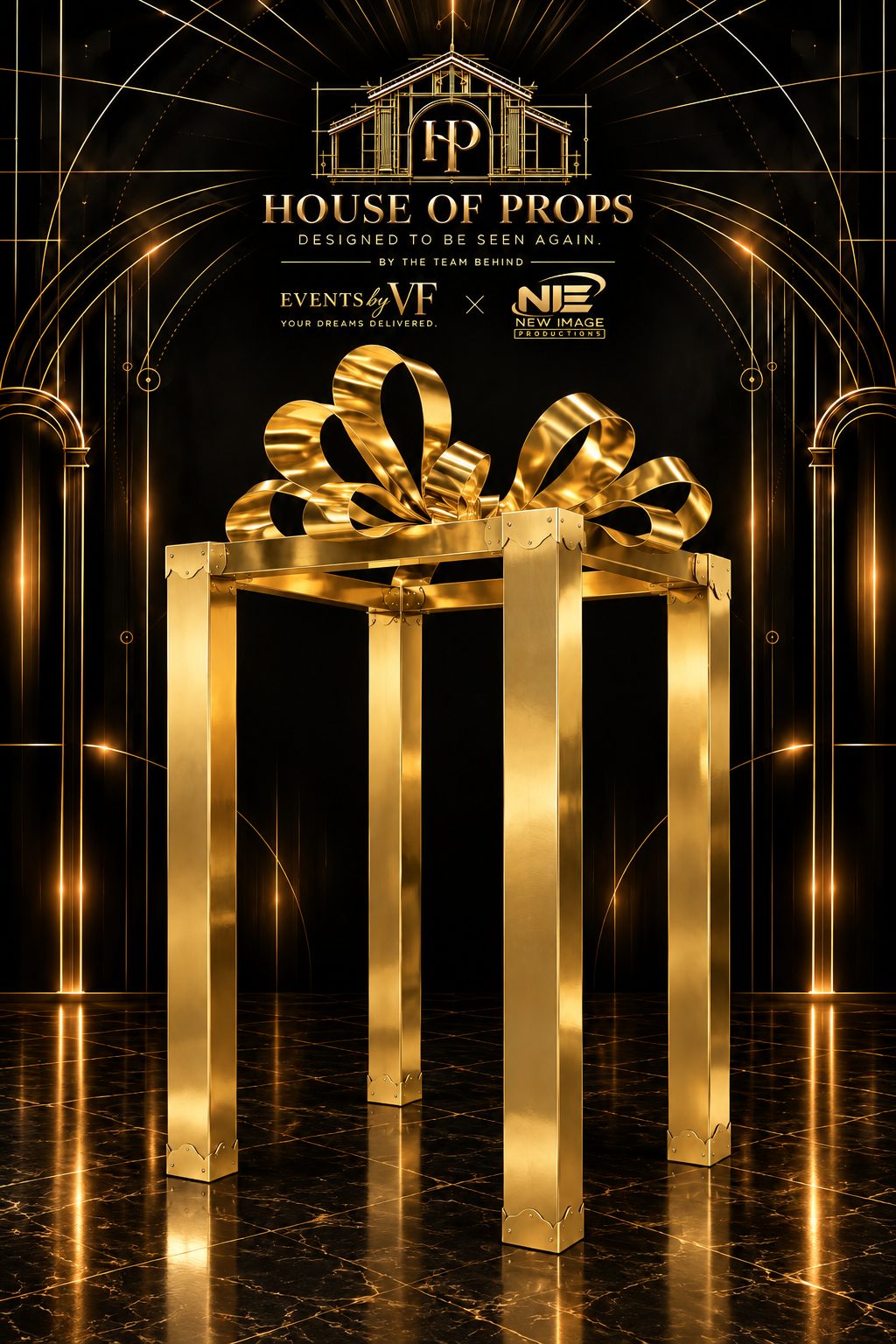 Oversized Gift Box Frame in gold — Photo Props available to rent from House of Props NY