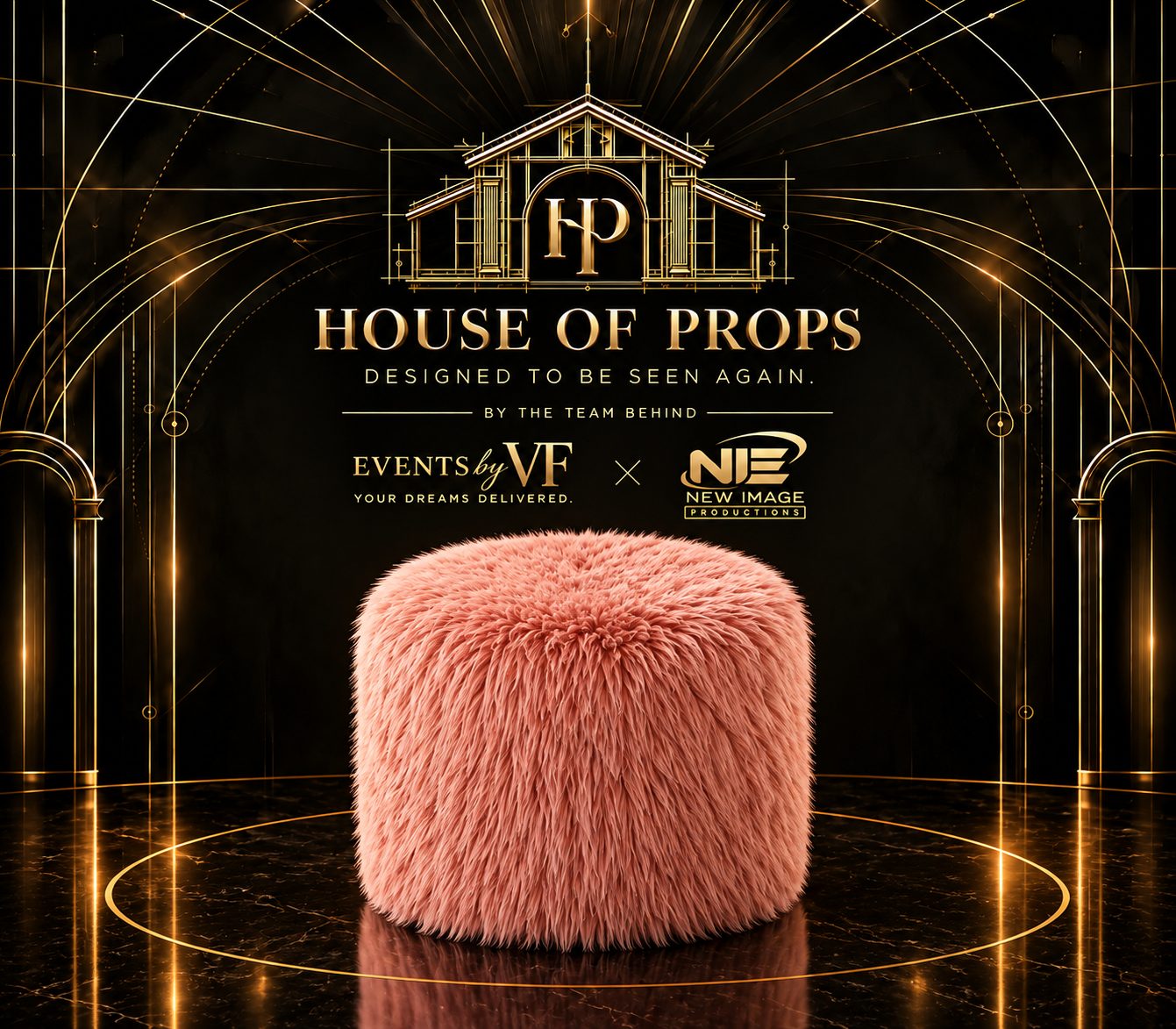 Pink Faux Fur Ottoman in pink — Seating & Lounge available to rent from House of Props NY
