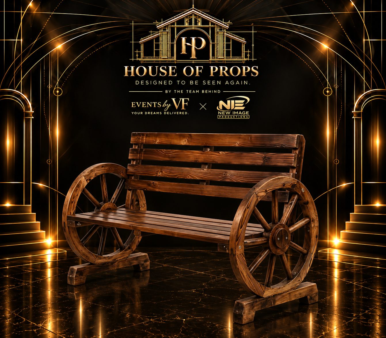 Rustic Wagon Wheel Bench in natural wood — Seating & Lounge available to rent from House of Props NY
