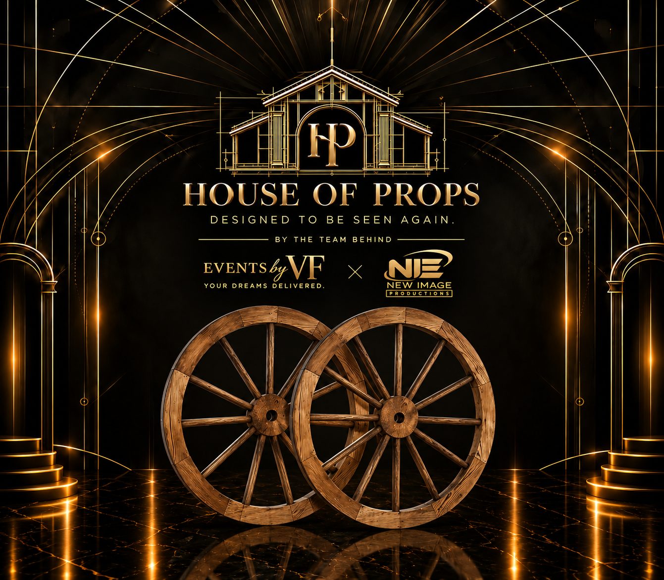 Rustic Wooden Wagon Wheels in natural wood — Tables & Display available to rent from House of Props NY