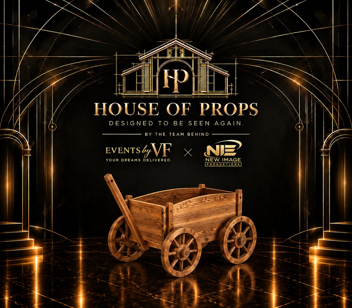 Rustic Wooden Wagon in natural wood — Large Installations available to rent from House of Props NY
