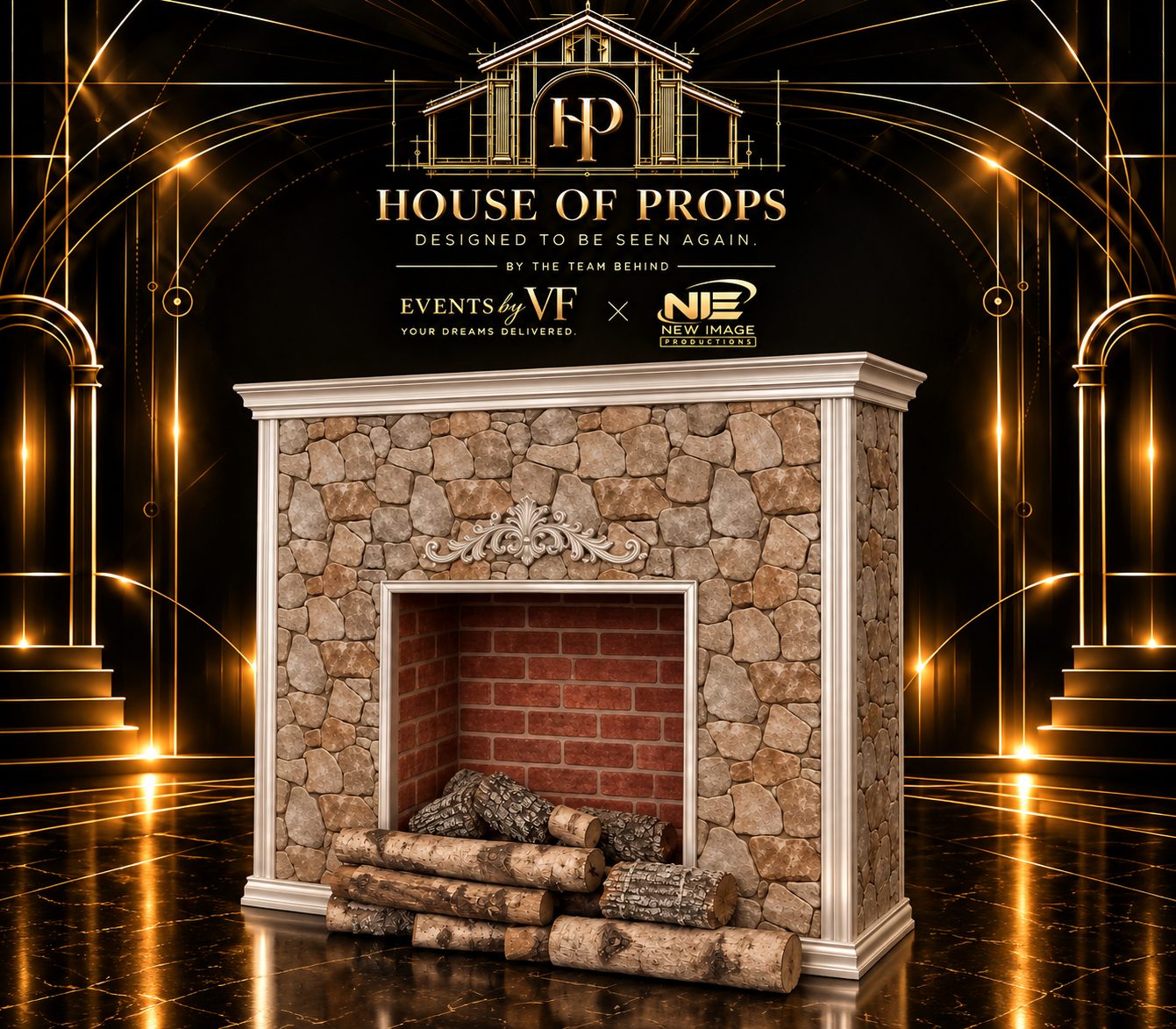 Stone Fireplace Prop — Large Installations available to rent from House of Props NY