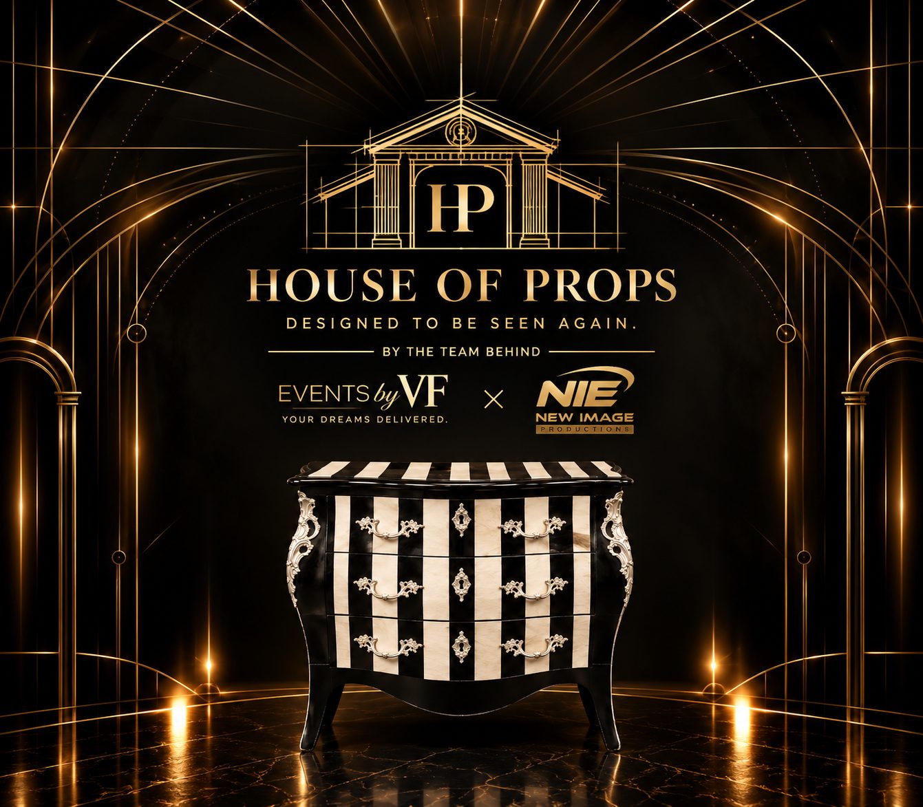Striped Ornate Dresser in black, ivory — Tables & Display available to rent from House of Props NY