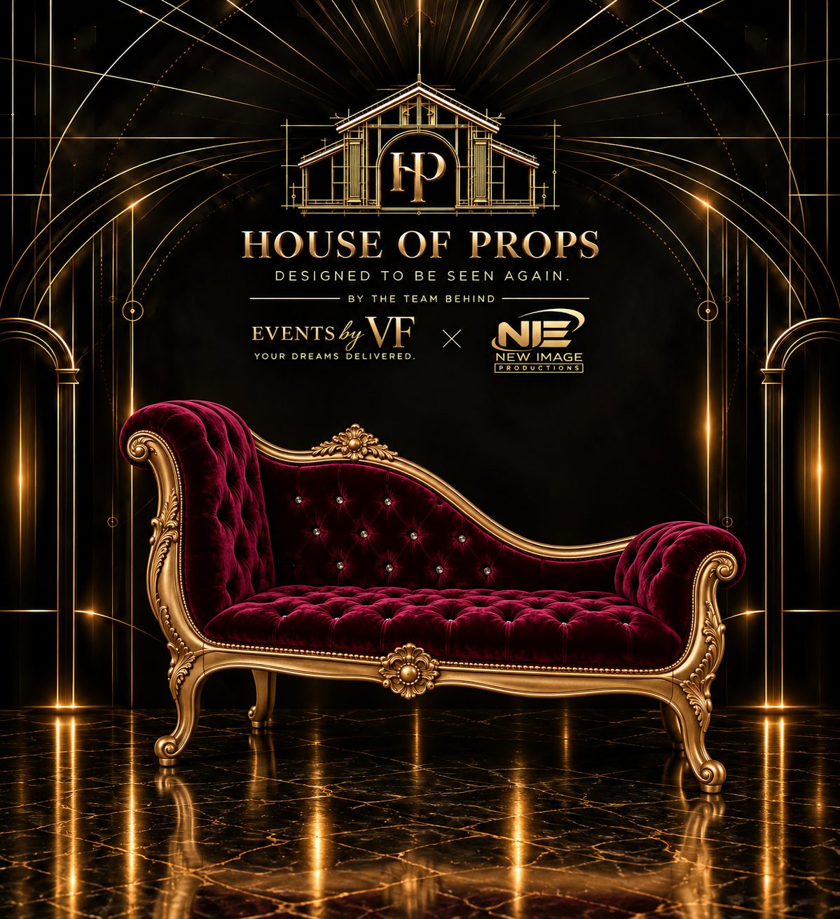 Victorian Velvet Chaise Lounge in burgundy, gold — Seating & Lounge available to rent from House of Props NY