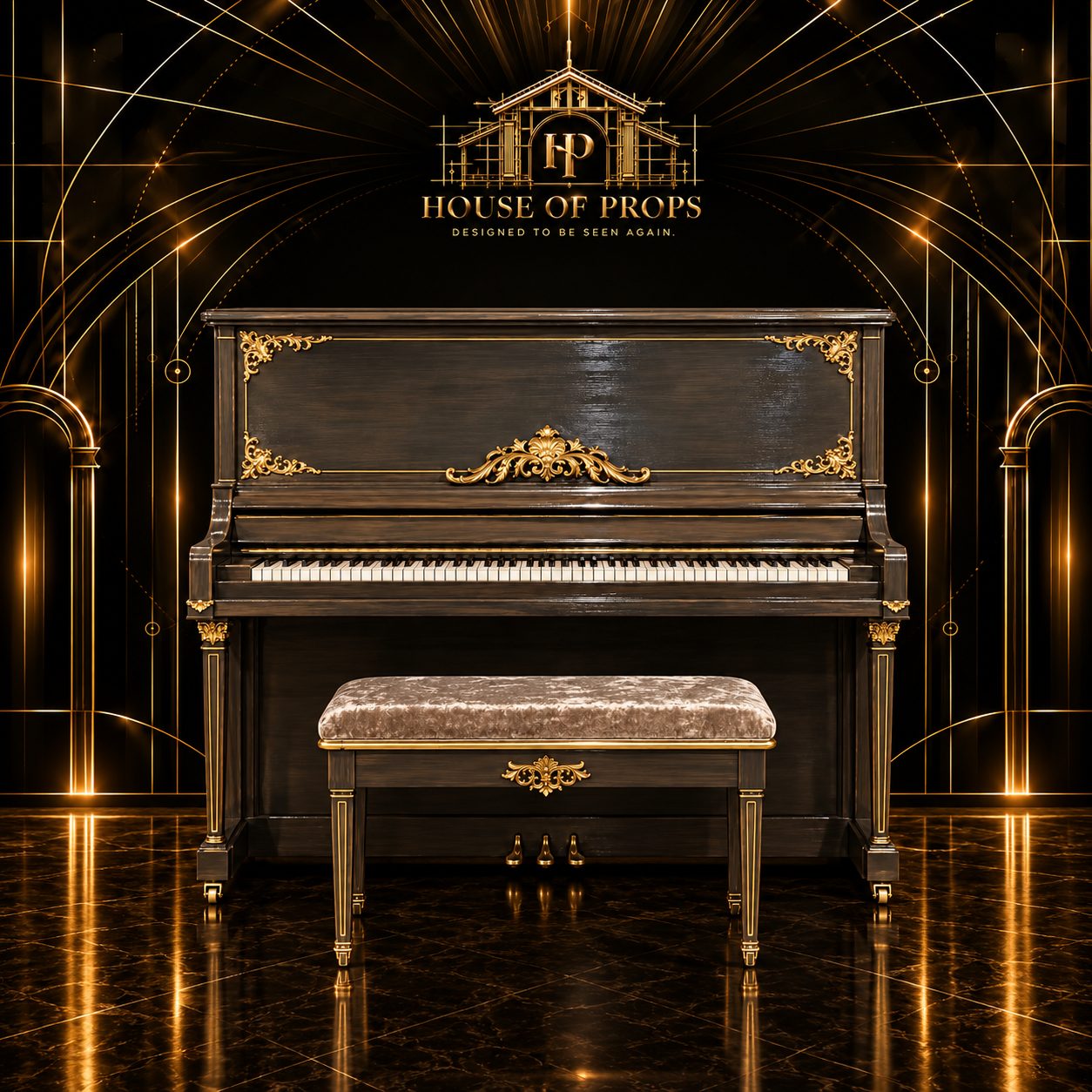 Vintage Upright Piano Set in black, gold — Large Installations available to rent from House of Props NY