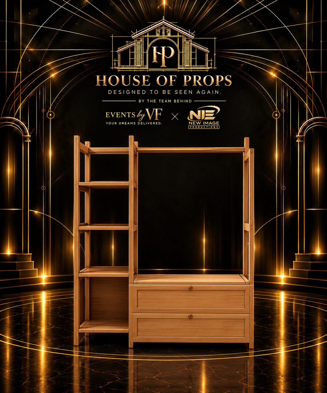 Wooden Display & Wardrobe Unit in natural wood — Tables & Display available to rent from House of Props NY